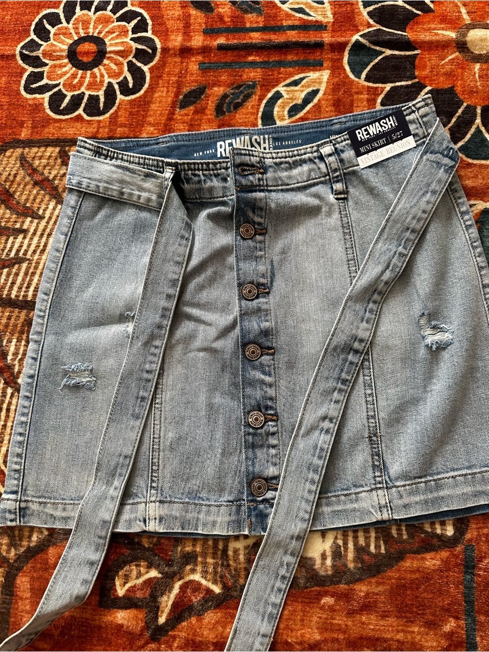 Rewash Light Blue Denim Button-Front Mini Skirt with Removable Waist Tie